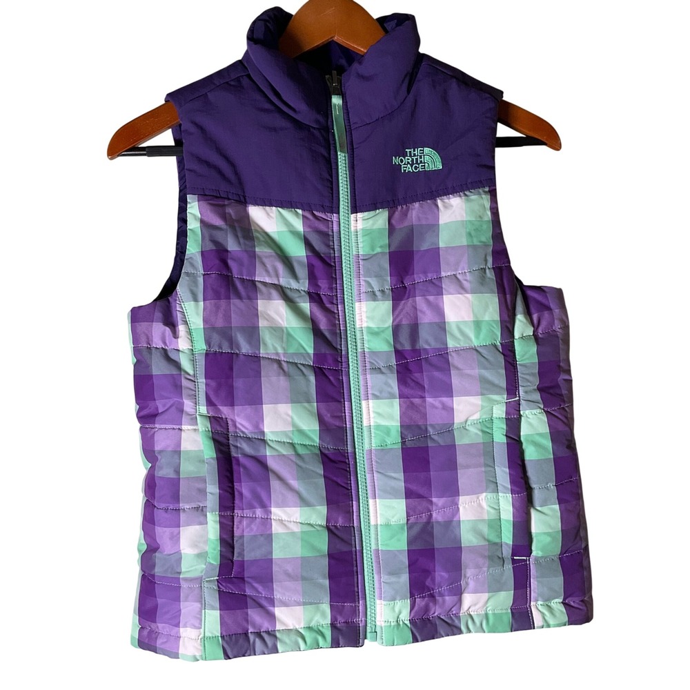 The North Face Girls Reversible Plaid Puffer Vest Purple Green M 10/12 Layering